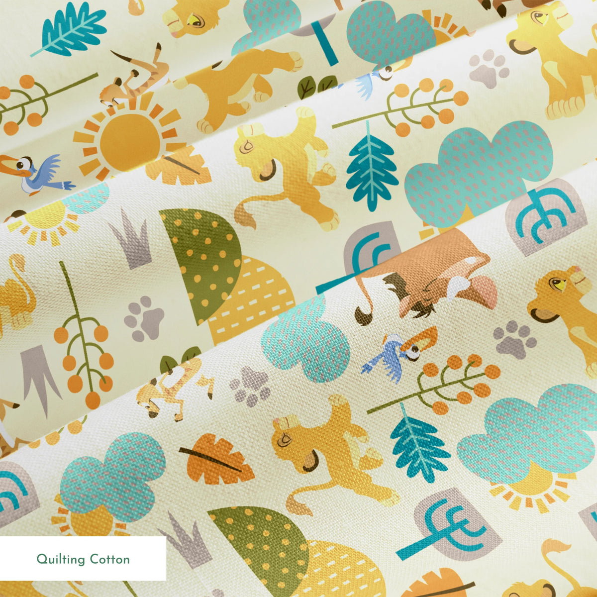 Playful Lion King pattern with brown bears, yellow puppies, blue clouds, stylized trees, and sun motifs on cream background springs quiltingcotton texture