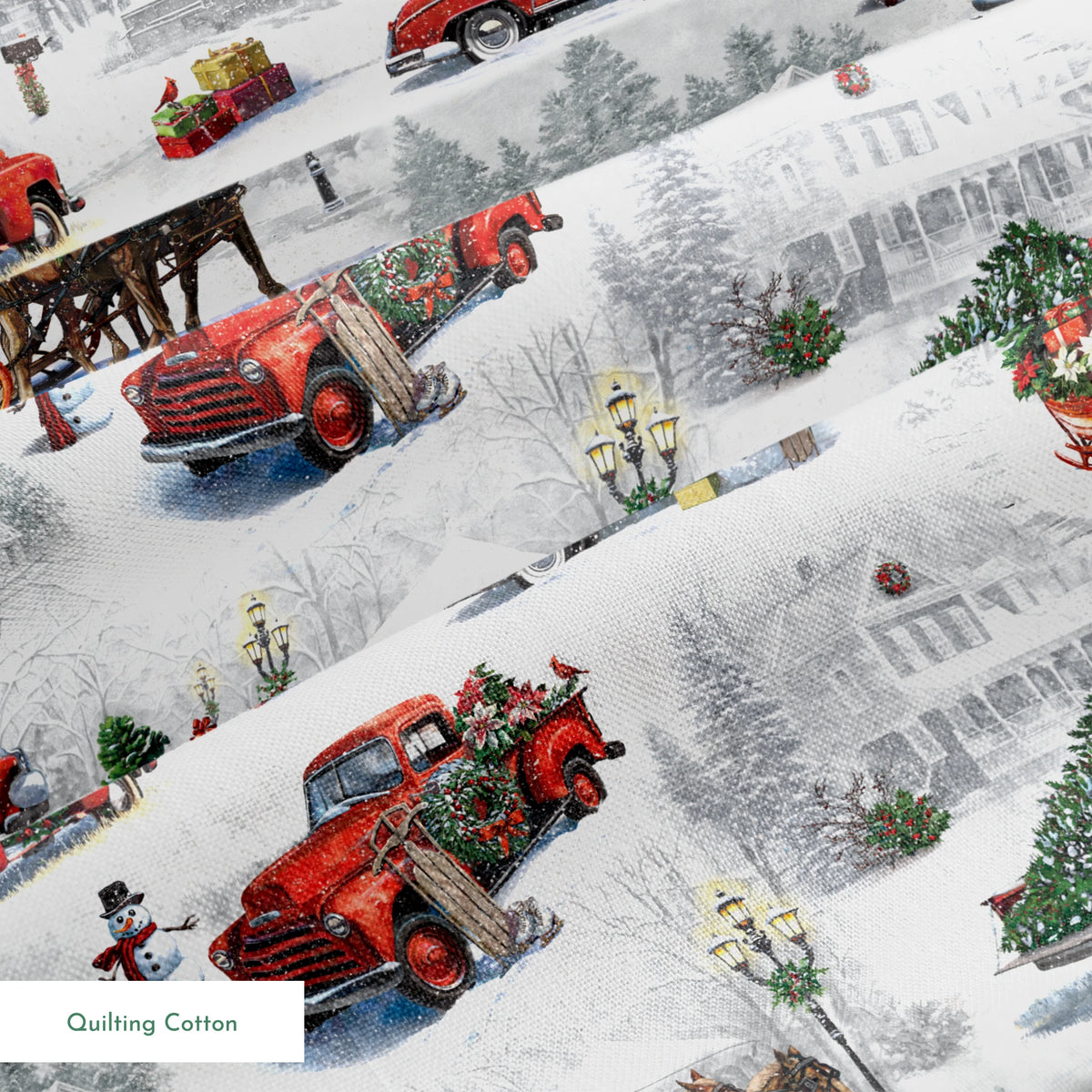 Christmas pattern with vintage red trucks, horse-drawn sleighs, and pine trees in snowy winter landscape springs quiltingcotton texture