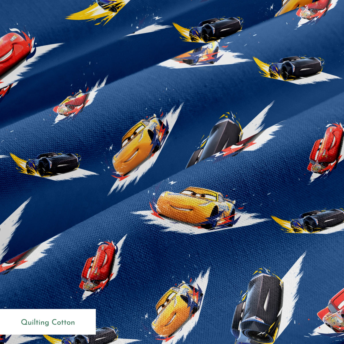 Animated race cars from Disney's Cars movie speeding across a blue background with white motion streaks springs quiltingcotton texture