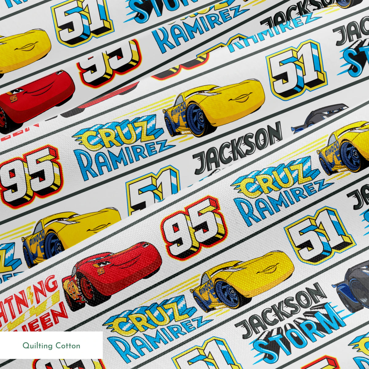 Disney Cars character ribbon with Lightning McQueen 95, Cruz Ramirez 51, and Jackson Storm 20 repeated pattern springs quiltingcotton texture