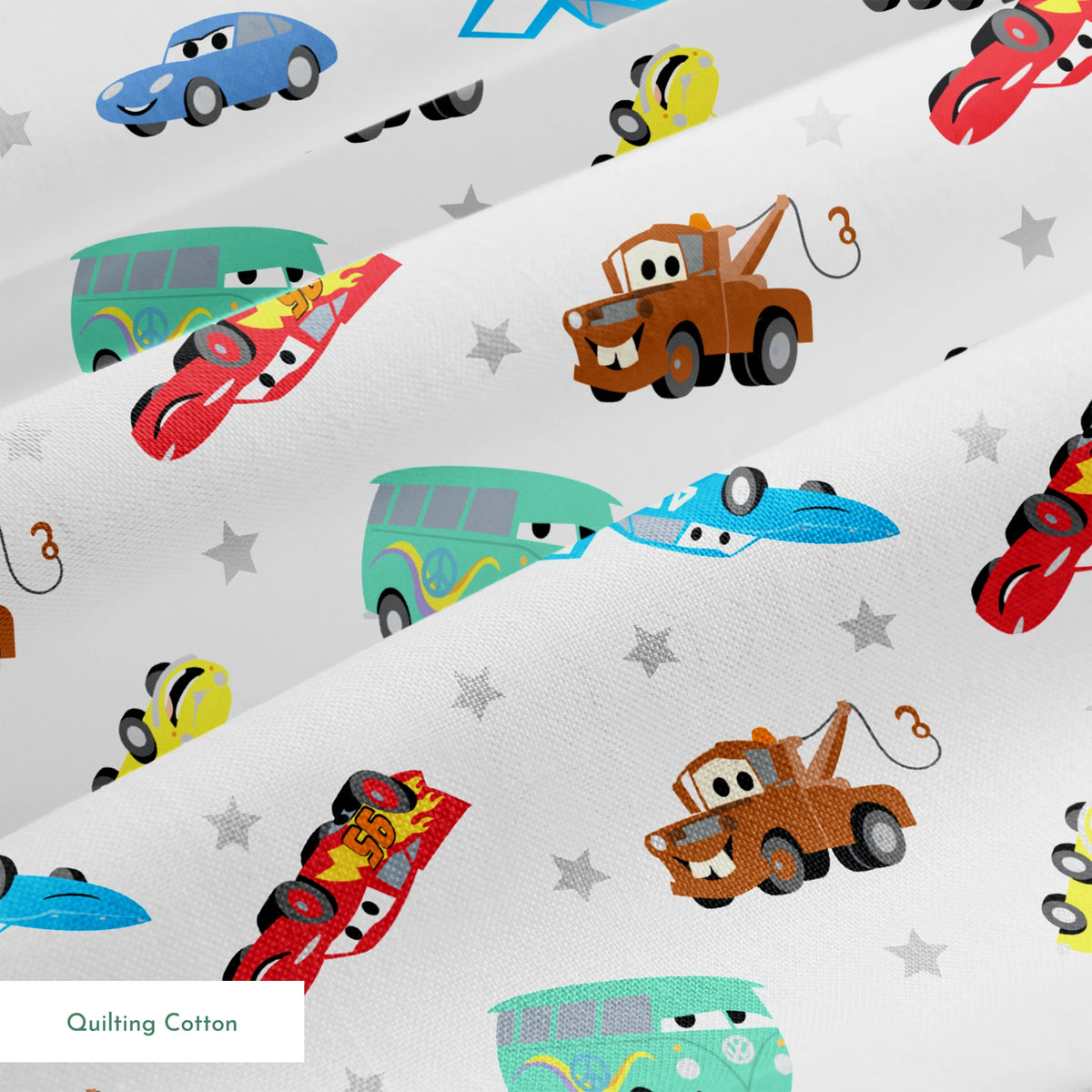 Cartoon vehicles pattern with colorful cars, trucks, and racing cars on white background with gray stars springs quiltingcotton texture