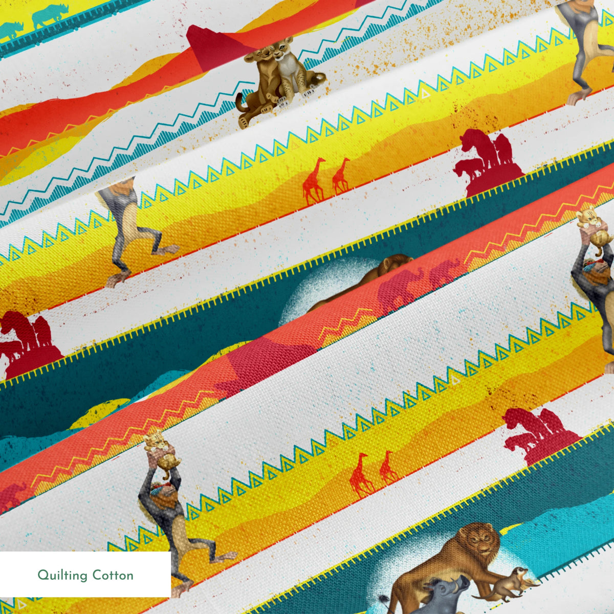 Colorful horizontal striped pattern featuring wildlife silhouettes including lion, elephant, and animals in savanna landscapes. springs quiltingcotton texture