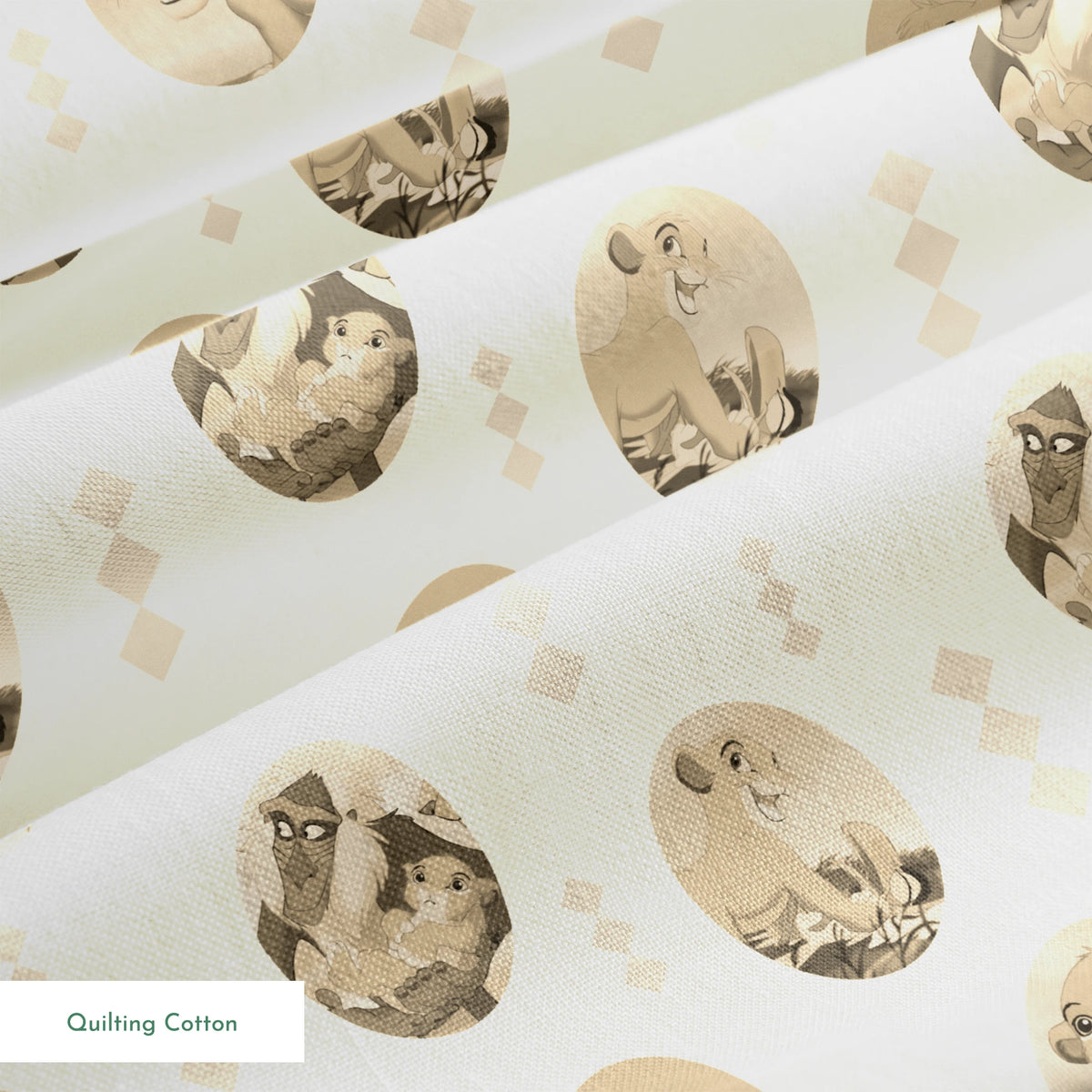 Lion King characters in sepia tone portraits on cream background with diamond pattern springs quiltingcotton texture