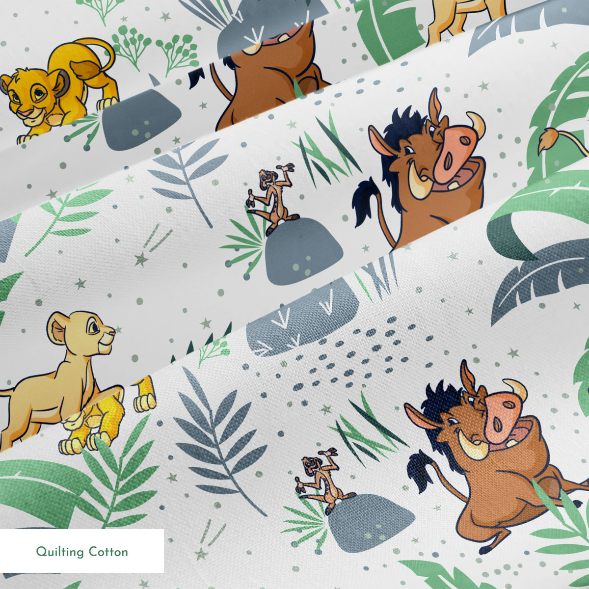 Cartoon lion cubs playing among tropical leaves and plants in green and blue tones on white background springs quiltingcotton texture
