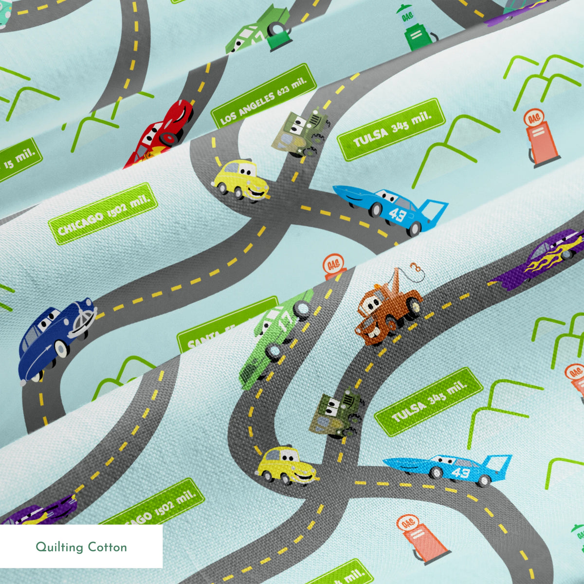 Cars from "Cars" movie on winding road with green speech bubbles showing different car brands and gas stations. springs quiltingcotton texture