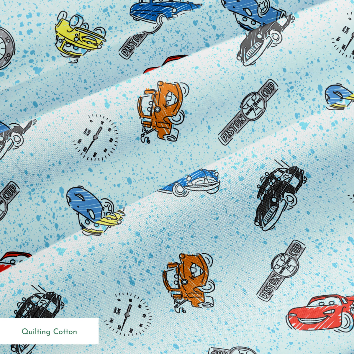 Colorful cartoon cars and watches scattered on a light blue speckled background pattern springs quiltingcotton texture