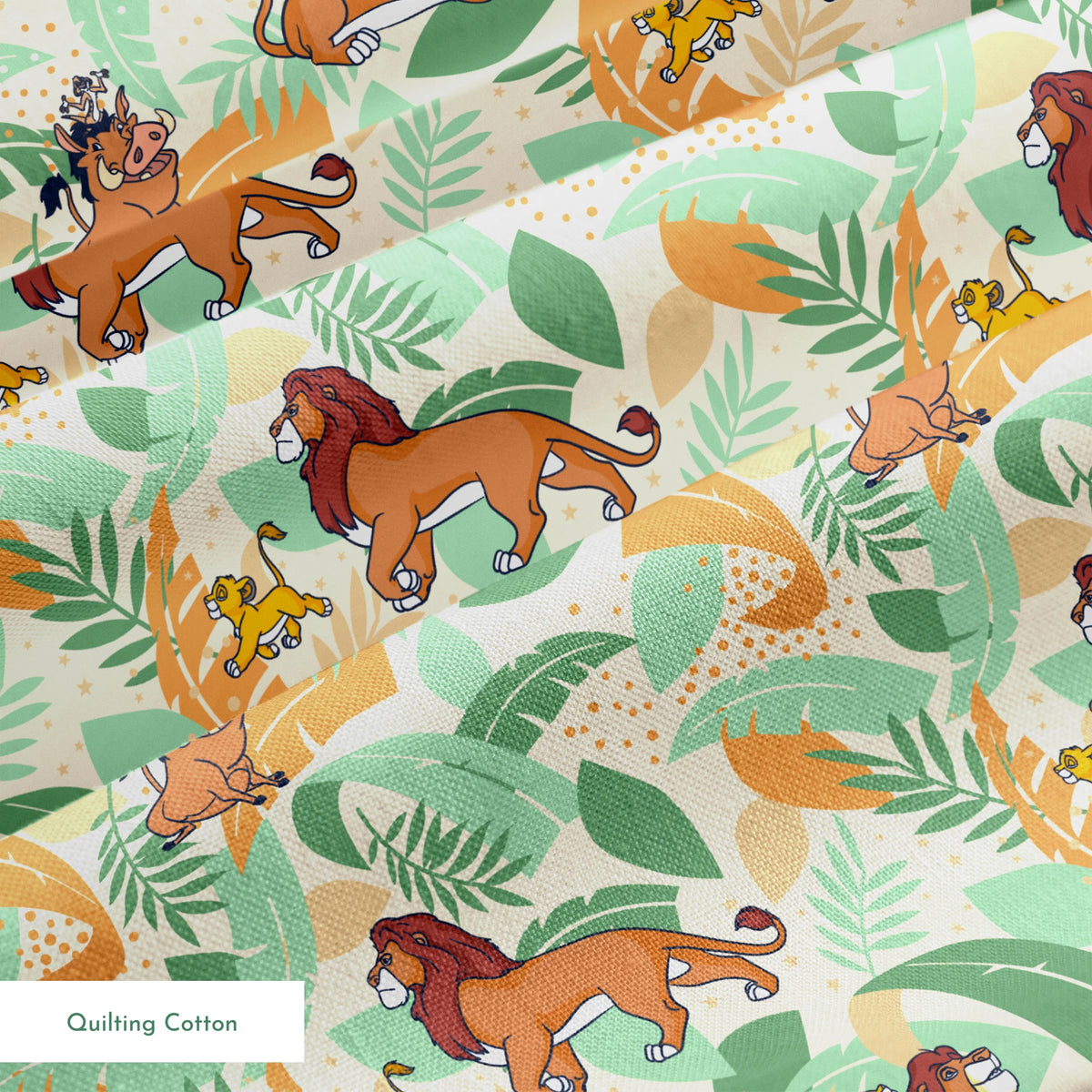 Lion King-inspired pattern with lions and jungle animals amid colorful tropical leaves on cream background springs quiltingcotton texture