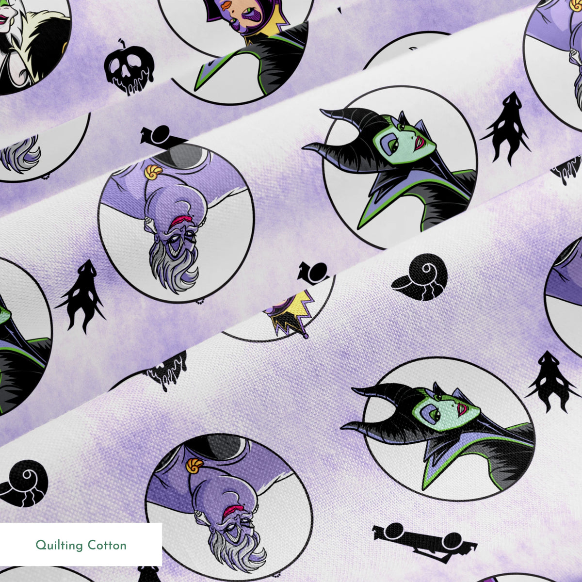 Disney villains pattern with circular character portraits on lavender background with black silhouettes of iconic symbols springs quiltingcotton texture