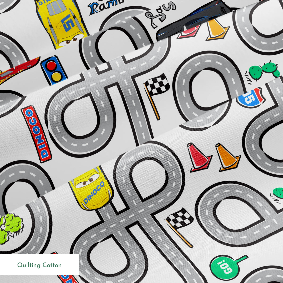 Cartoon road map with cars, traffic signs, and "Cruz Ramirez" label on winding gray streets springs quiltingcotton texture