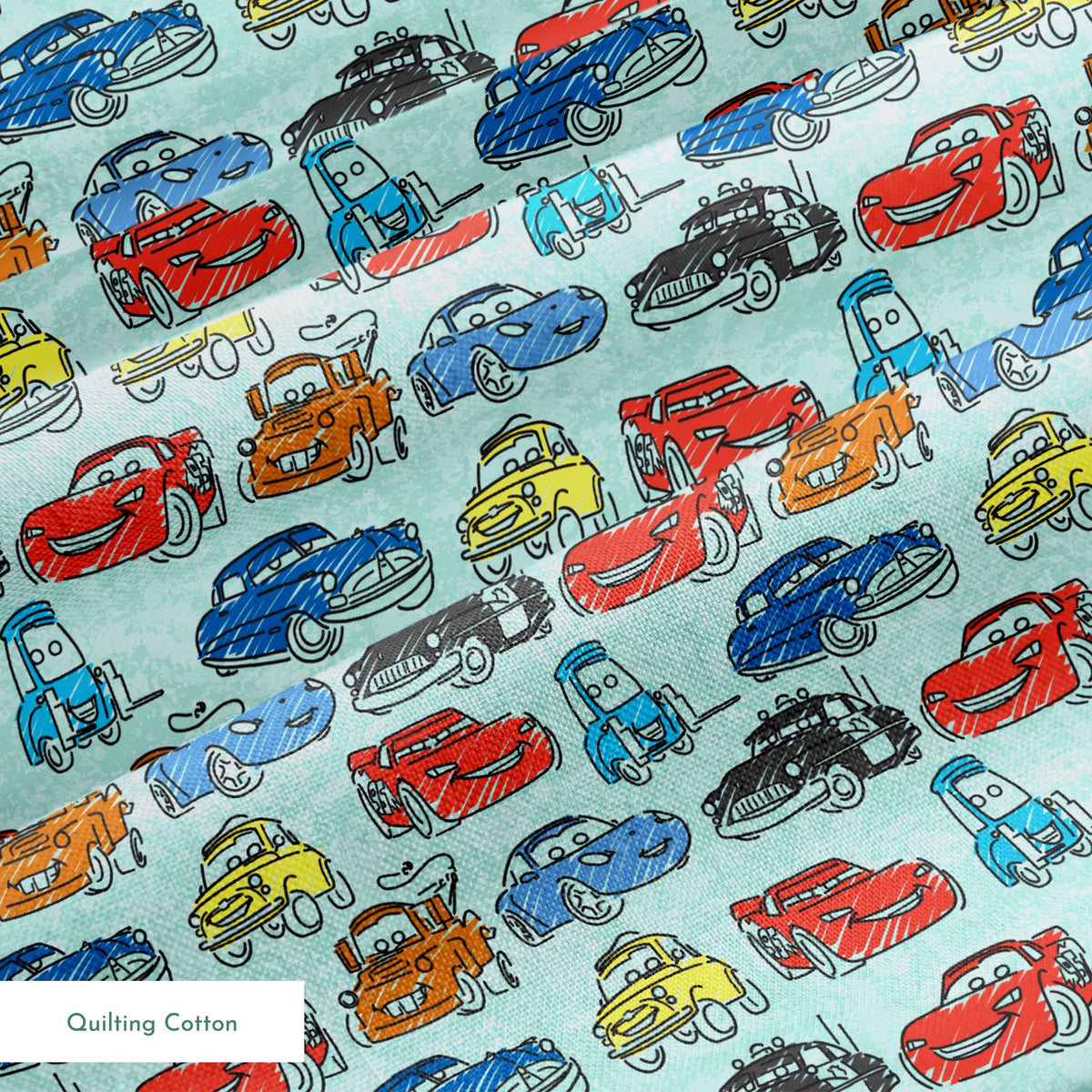 Colorful cartoon cars pattern including red racecars, blue sedans, yellow coupes, and tow trucks on light blue background springs quiltingcotton texture