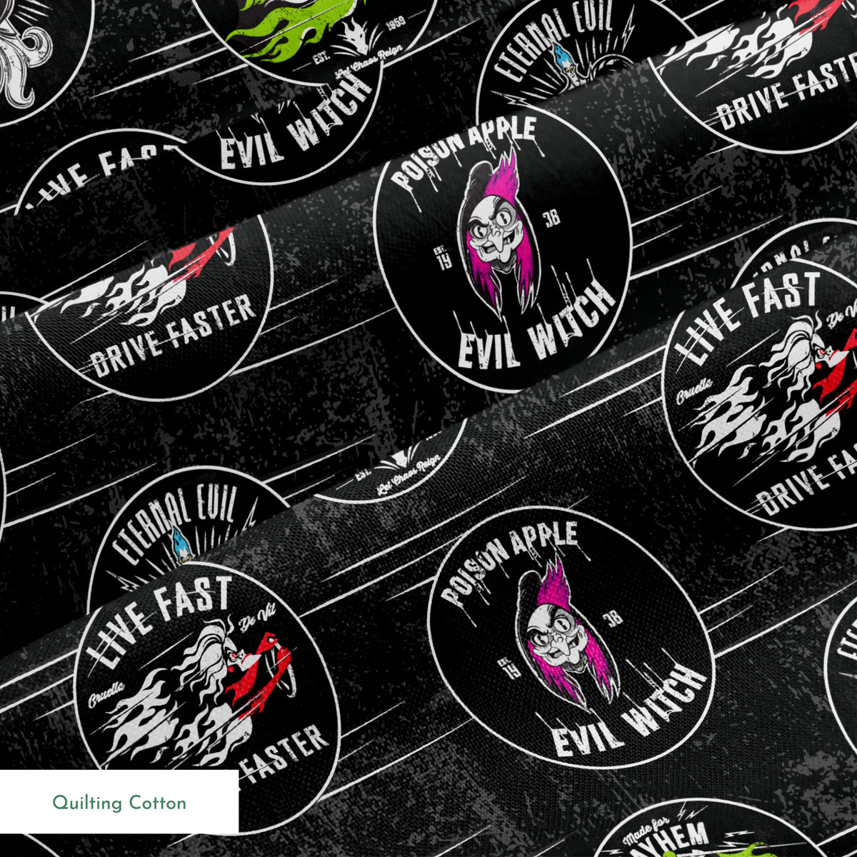 Punk-style Disney Villain circular badges including "Eternal Evil," "Live Fast Drive Faster," and green "Mayhem" designs on black background springs quiltingcotton texture