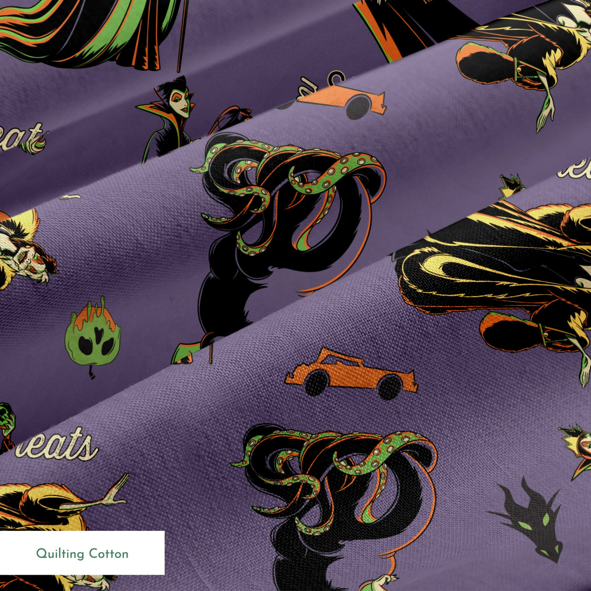 Cartoon villains pattern featuring Maleficent and other Disney antagonists on purple background springs quiltingcotton texture
