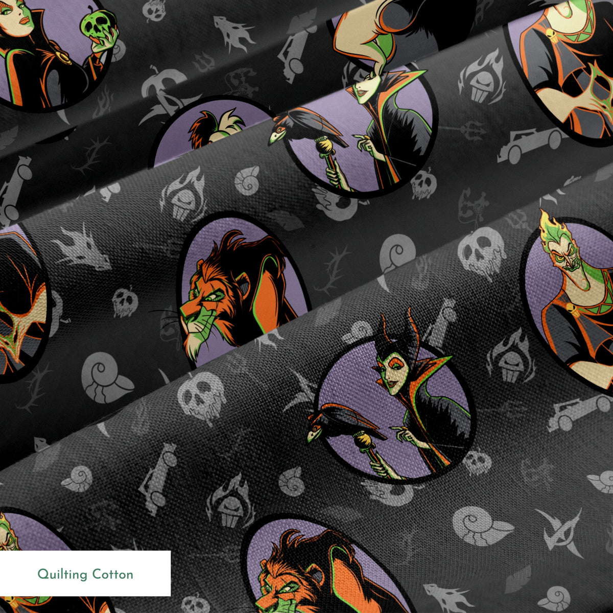 Cartoon Disney villains in purple circles on dark gray background with villain-themed icons springs quiltingcotton texture