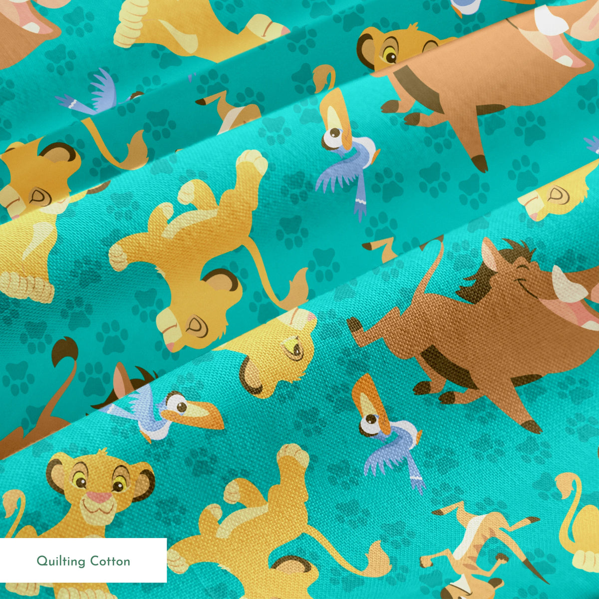 Cartoon Lion King characters pattern with Simba, Pumbaa and others on turquoise paw print background springs quiltingcotton texture