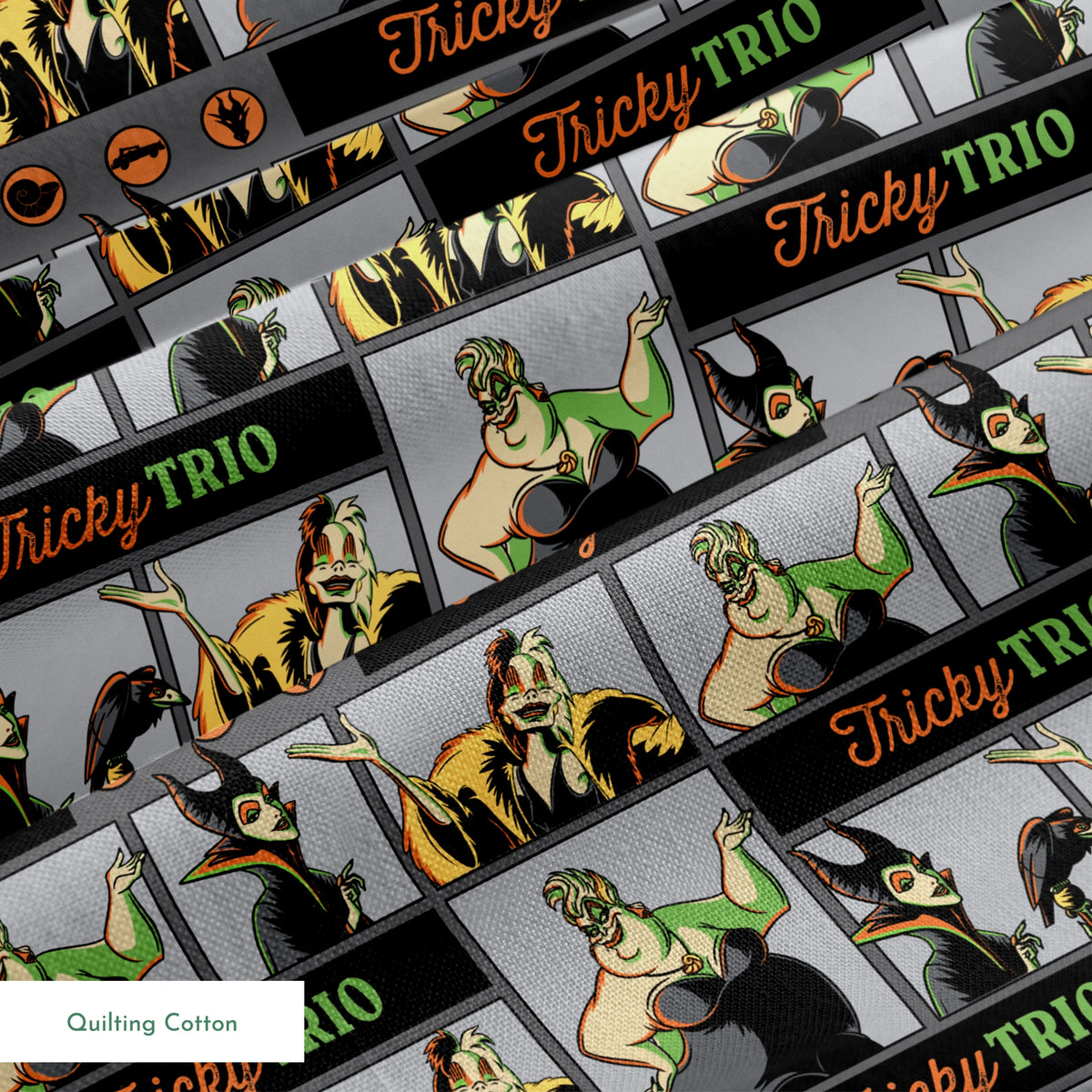 Cartoon-style villains "Tricky Trio" pattern with Maleficent, Cruella, and Ursula in green and orange text springs quiltingcotton texture
