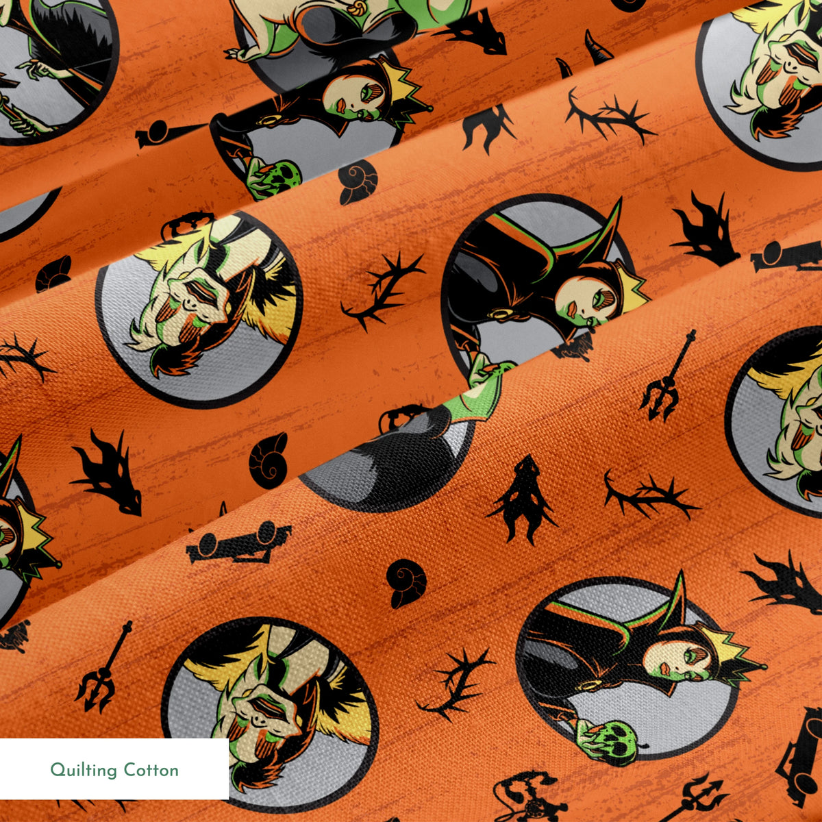 Halloween-themed orange pattern with circular Disney Villain portraits, black cats, bats, pumpkins, and spooky symbols springs quiltingcotton texture