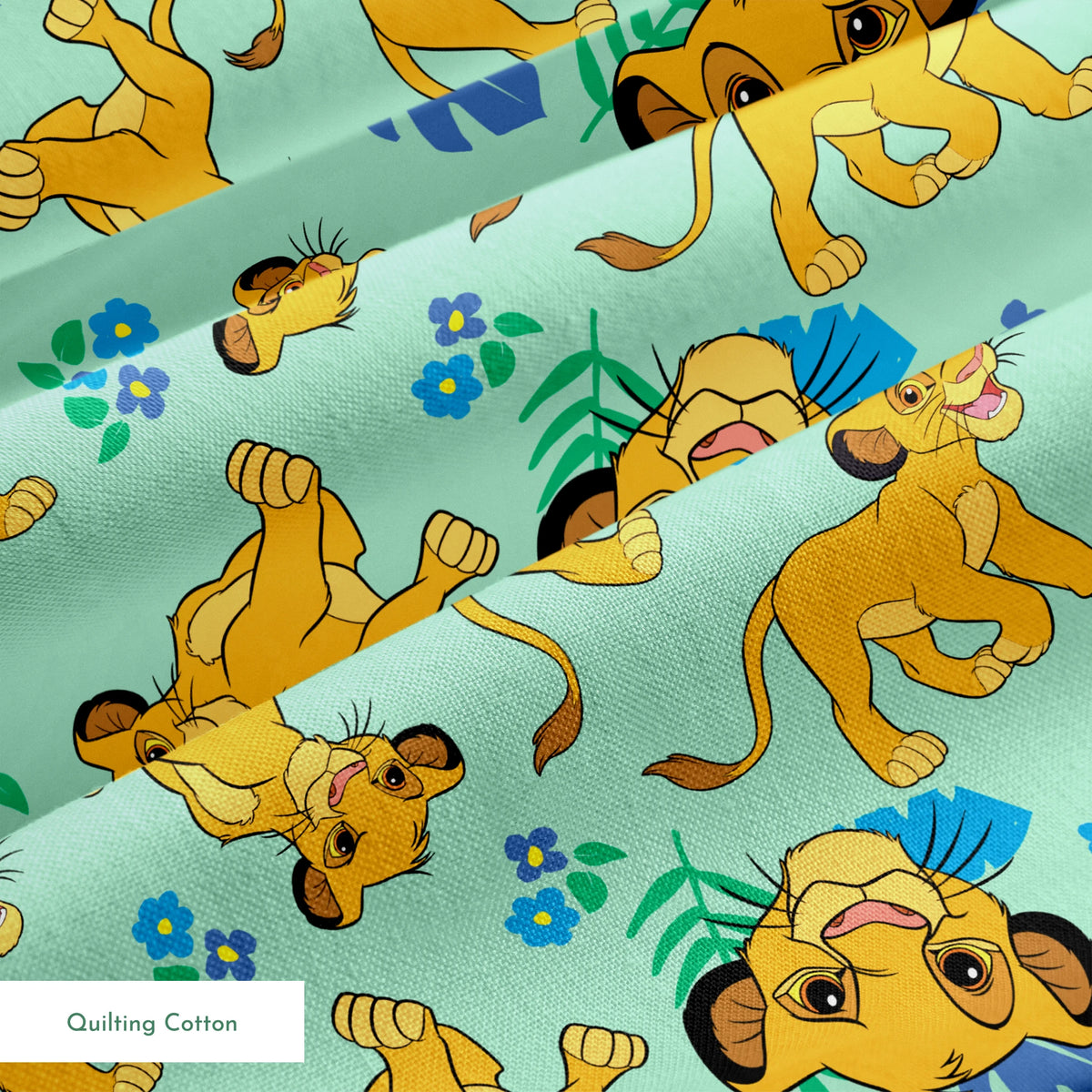 Cartoon lion cubs playing on mint green background with blue flowers and green leaves pattern springs quiltingcotton texture