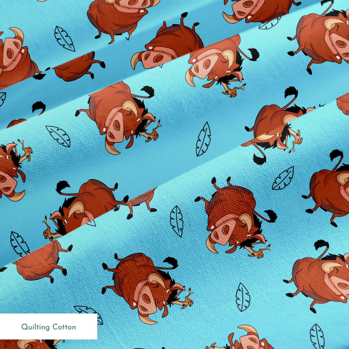 Cheerful Lion King characters with flower crowns dancing on light blue background with leaf patterns springs quiltingcotton texture