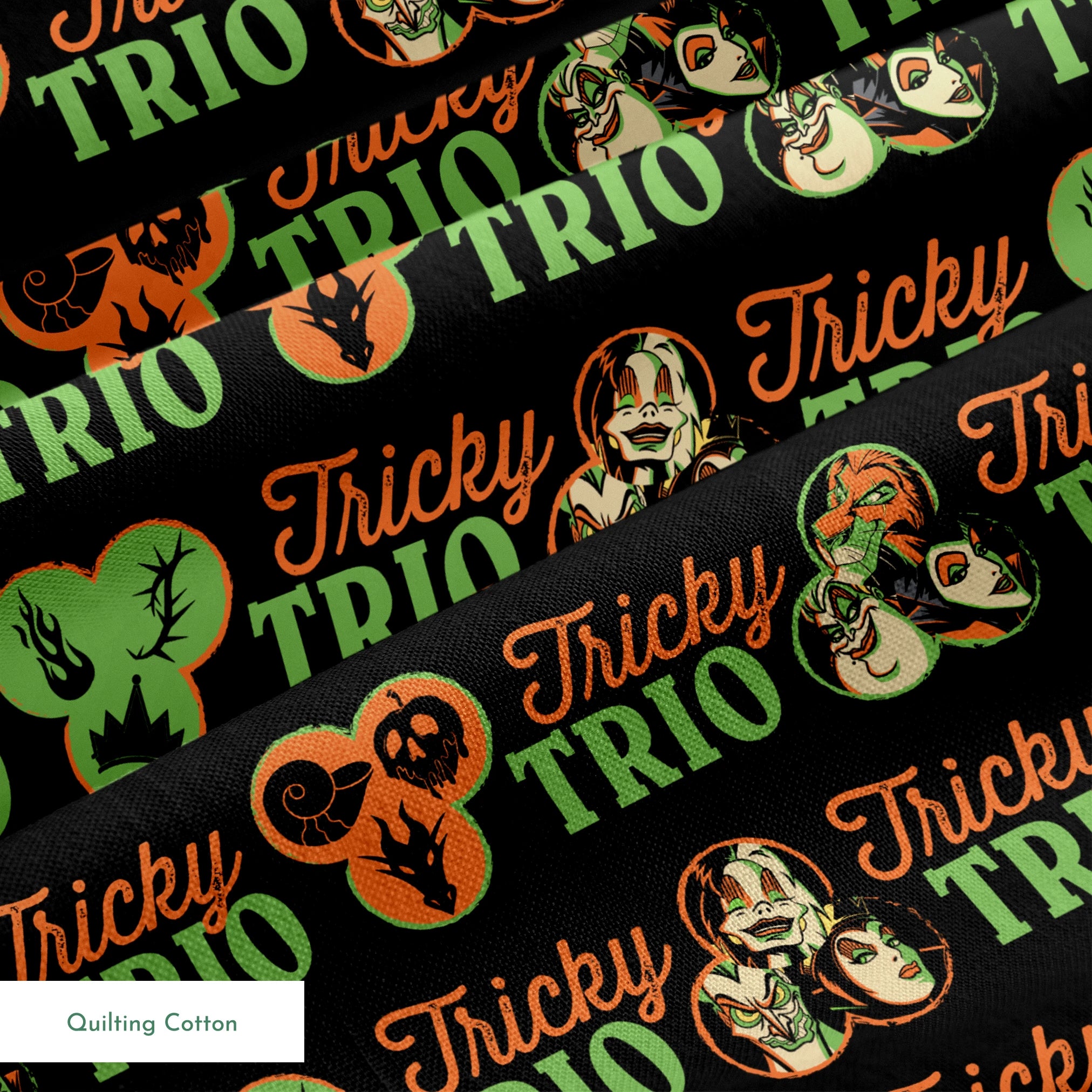 Disney Halloween pattern with "Tricky TRIO" text in orange and green, featuring Disney Villains, pumpkins, and ghostly designs on black background springs quiltingcotton texture
