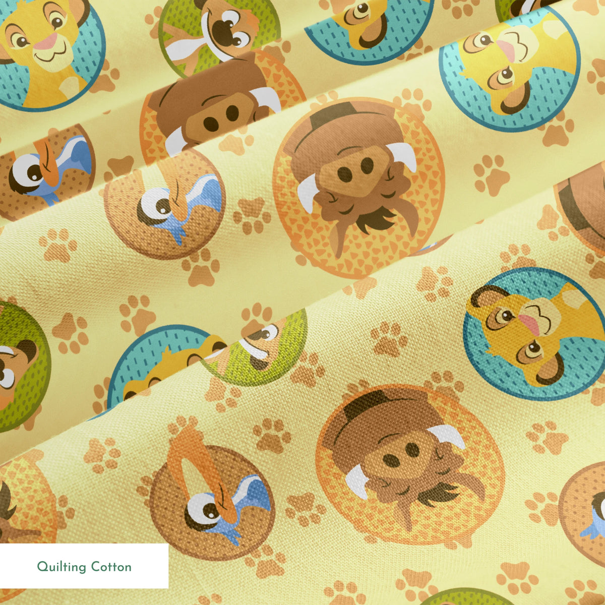 Cartoon animal faces in circular frames on beige background with paw prints - lion, monkey, dog, bird springs quiltingcotton texture