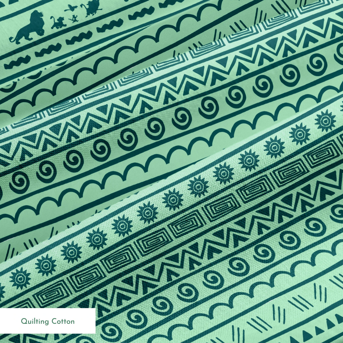 Traditional African-inspired pattern in dark teal on mint green with lions, spirals, triangles, and geometric motifs springs quiltingcotton texture
