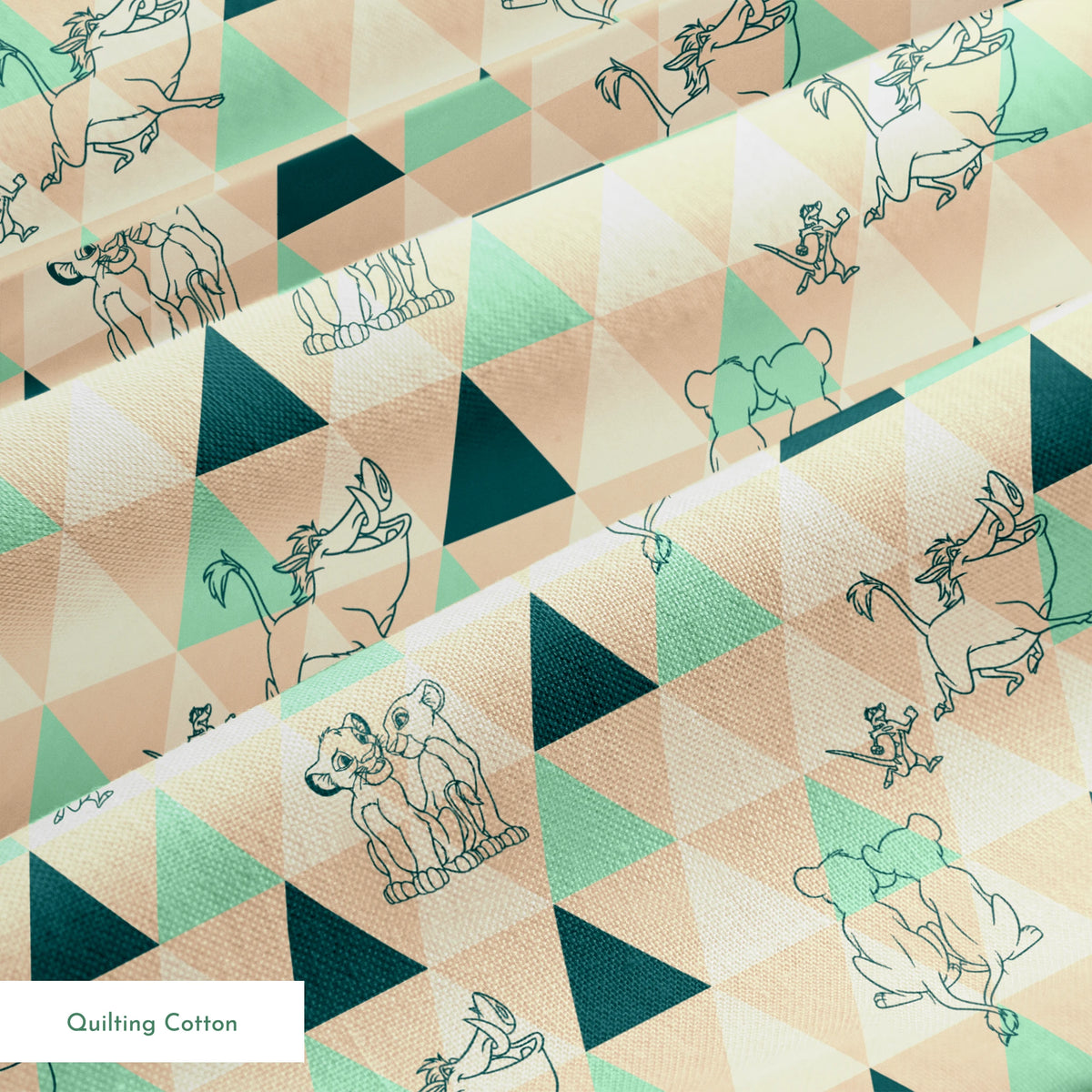 Geometric triangle pattern with stylized animal illustrations in teal and beige, featuring dogs, elephants, and other creatures. springs quiltingcotton texture