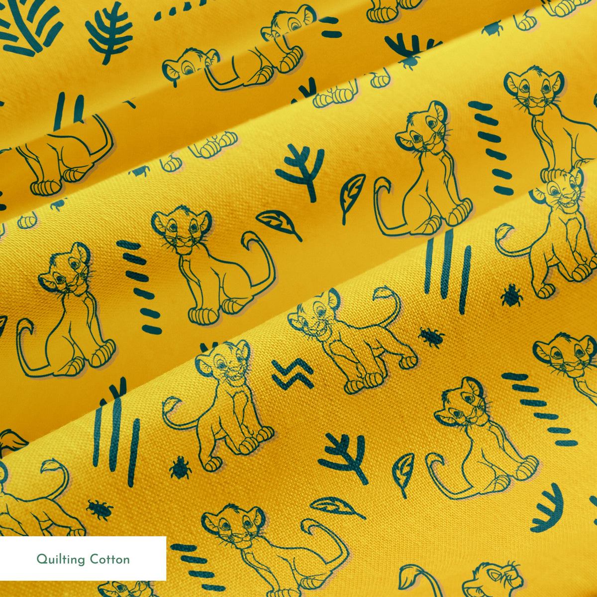 Pattern of cartoon lion cubs with green leaves and decorative elements on bright yellow background springs quiltingcotton texture