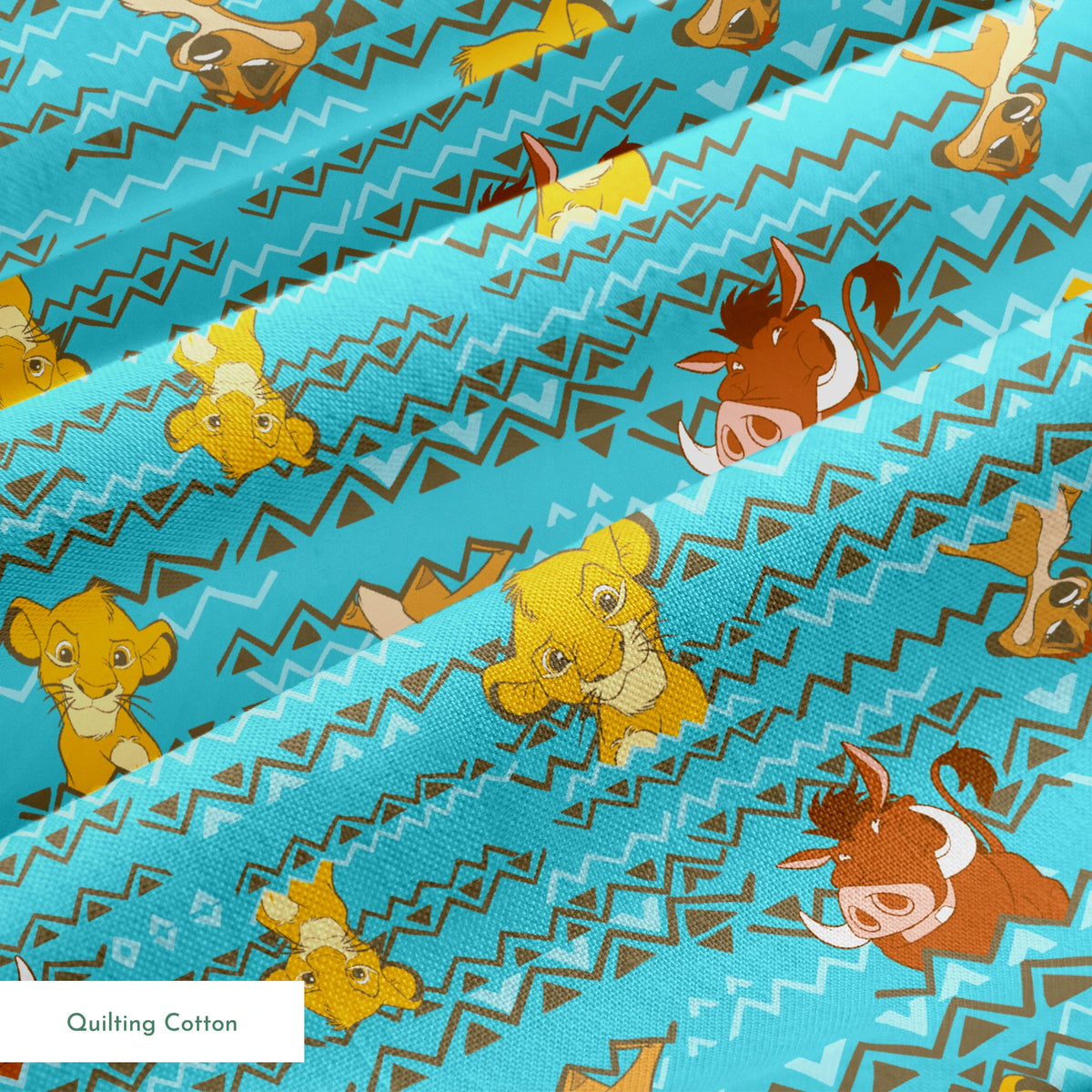 Lion King themed pattern with Simba and Timon characters on turquoise blue background with zigzag stripes springs quiltingcotton texture