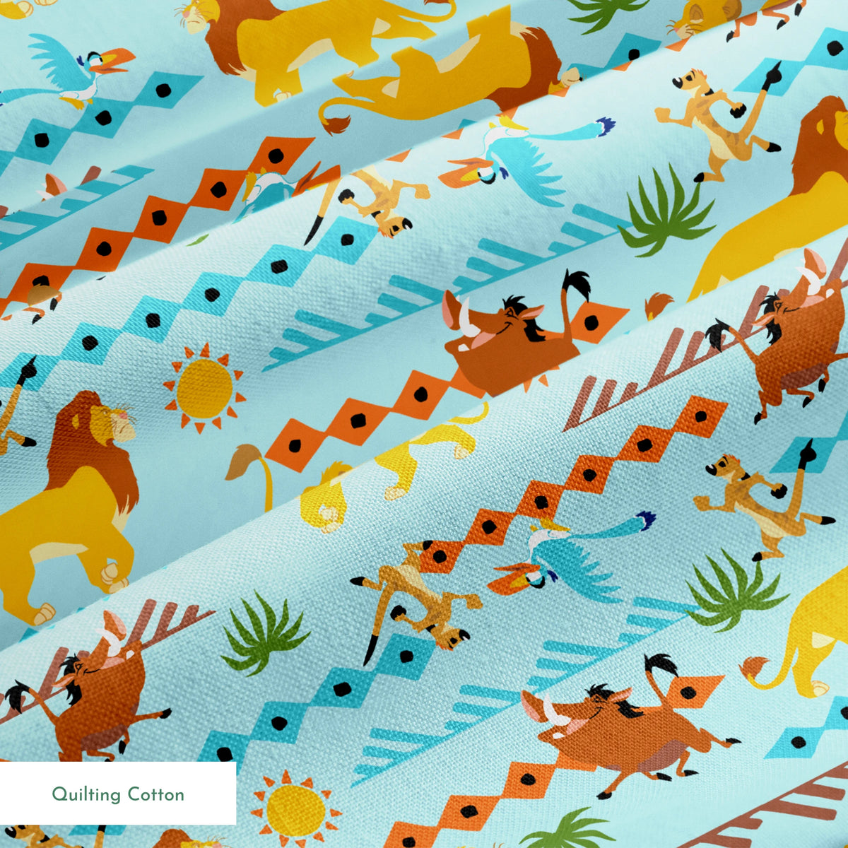 Colorful pattern with cartoon lions, palm trees, and sun designs on a light blue background springs quiltingcotton texture