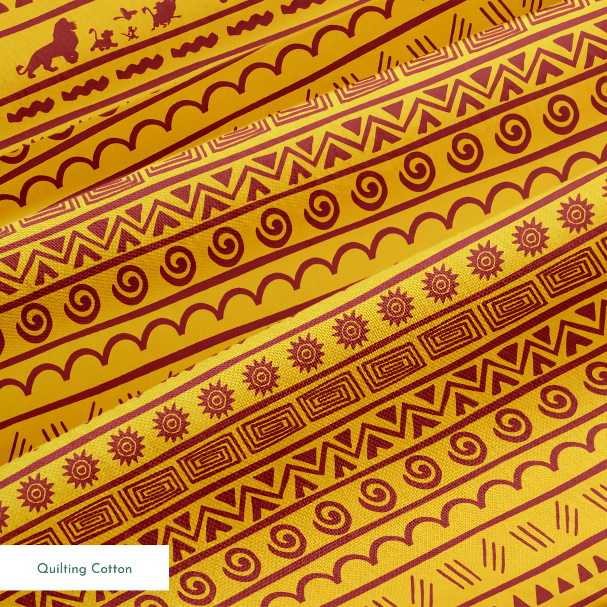 Traditional African pattern in yellow and maroon with spirals, lions, geometric designs, and sun symbols arranged in horizontal bands springs quiltingcotton texture