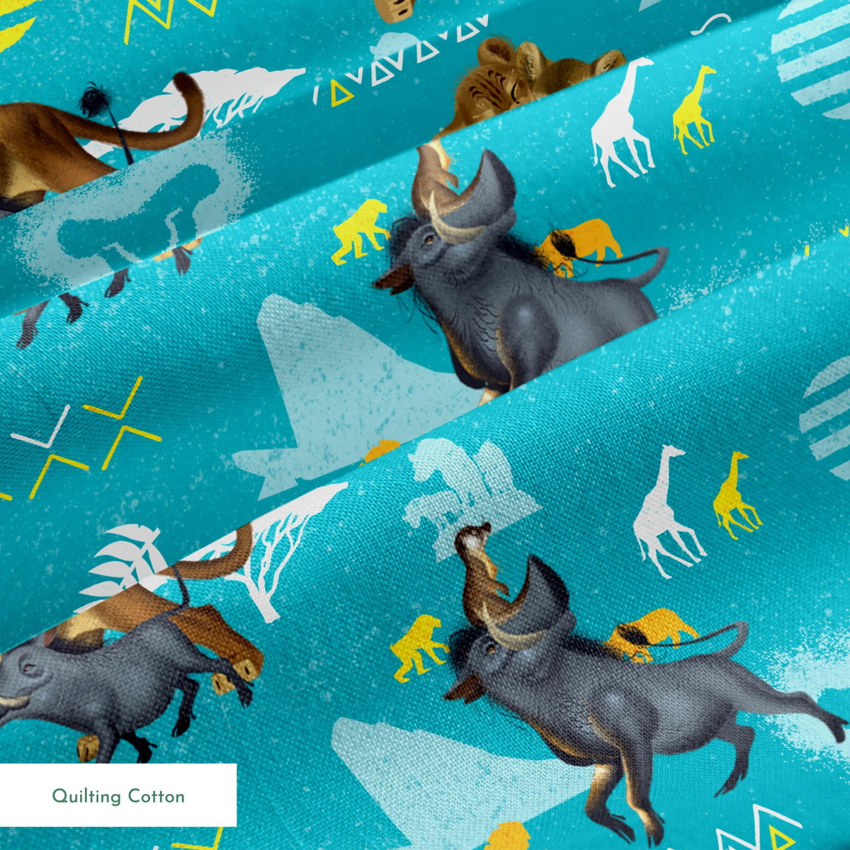 Animated lions pattern on turquoise background with geometric shapes and tribal designs springs quiltingcotton texture