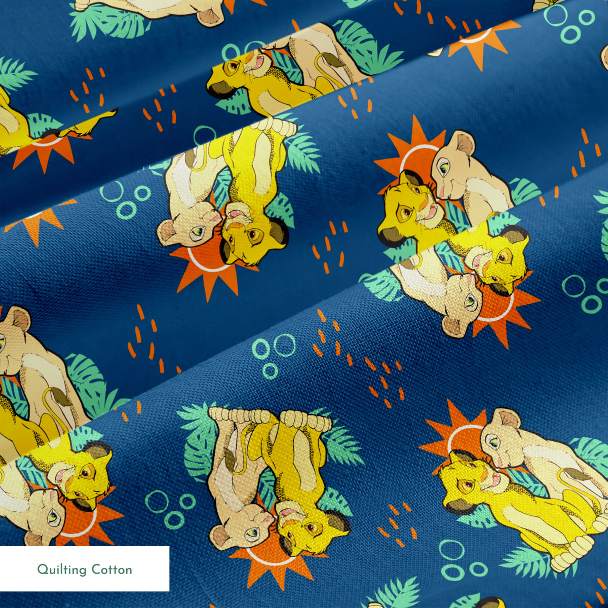Yellow cartoon lions and pale yellow animals on teal background with tropical leaves, orange sun shapes and bubbles. springs quiltingcotton texture