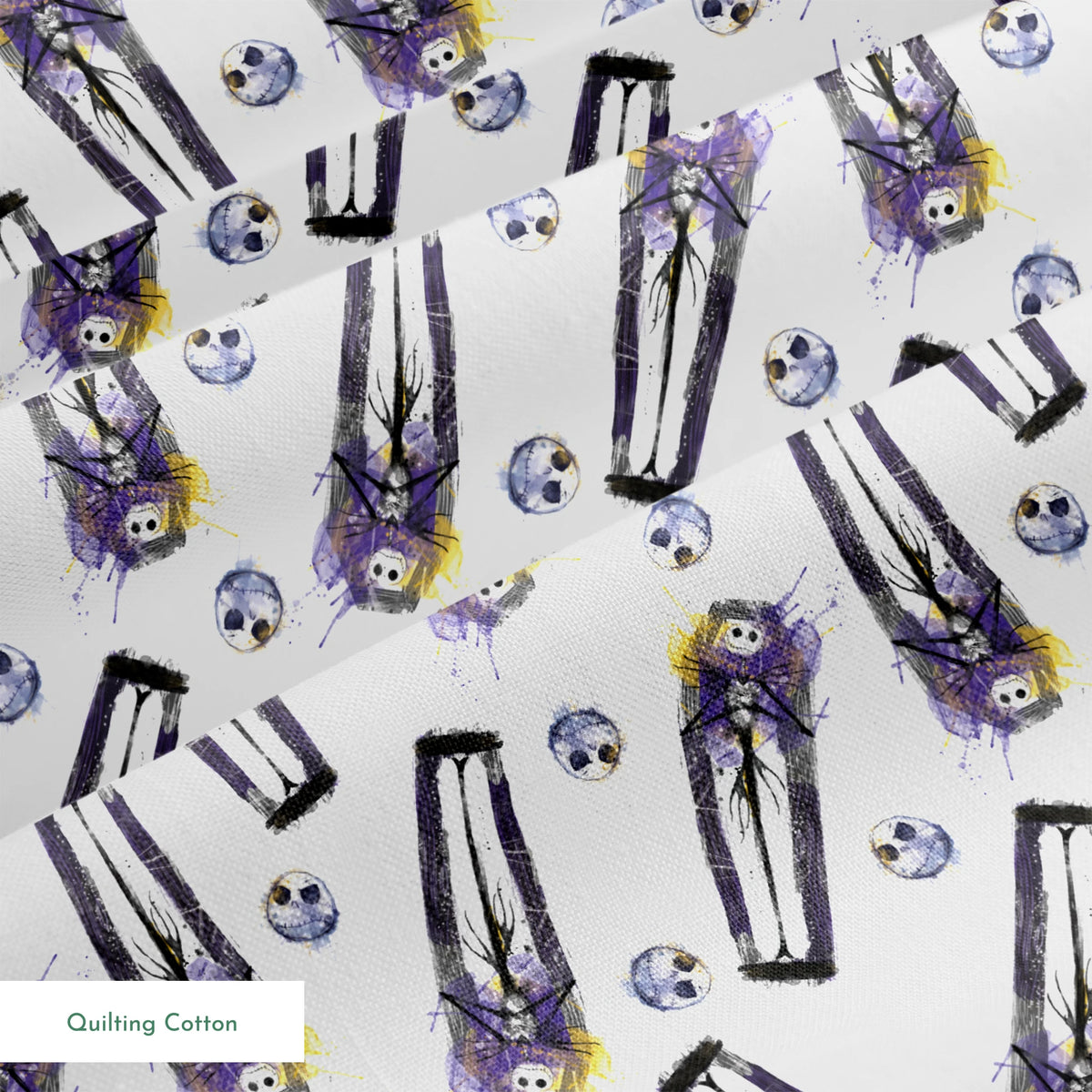 Repeating pattern of stylized gothic figures in black and purple with skull-like faces on white background springs quiltingcotton texture