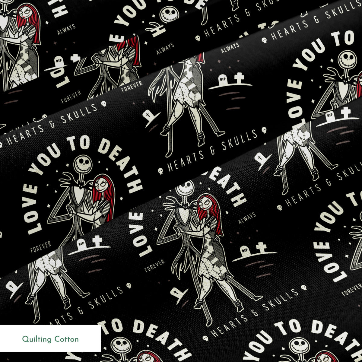 Repeating pattern of skeletal figures holding red hearts with "LOVE YOU TO DEATH" text on black background springs quiltingcotton texture