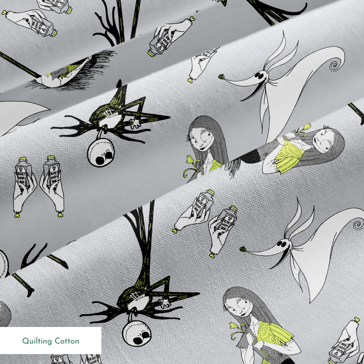 Spooky pattern with stylized ghostly figures, skeletal creatures, and green accents on gray background springs quiltingcotton texture