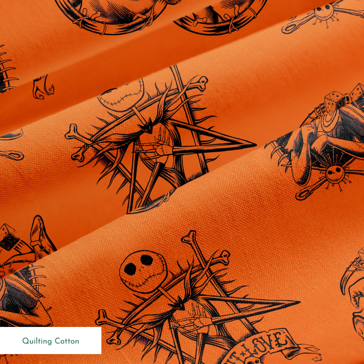 Halloween-themed pattern with spooky characters including Jack Skellington on bright orange background springs quiltingcotton texture