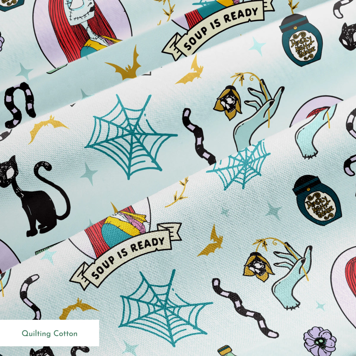 Whimsical pattern with skeletal figure in oval frame, black cats, spiderwebs, potion bottles, and "Soup is Ready" banners on light blue background. springs quiltingcotton texture