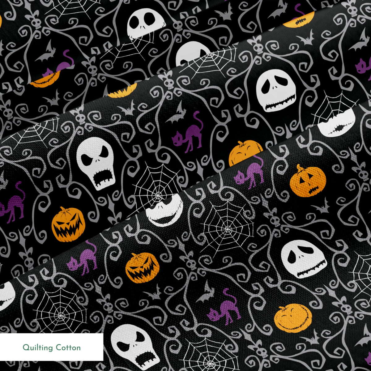 Nightmare Before Christmas pattern with skulls, pumpkins, bats and ornate swirls on black background springs quiltingcotton texture