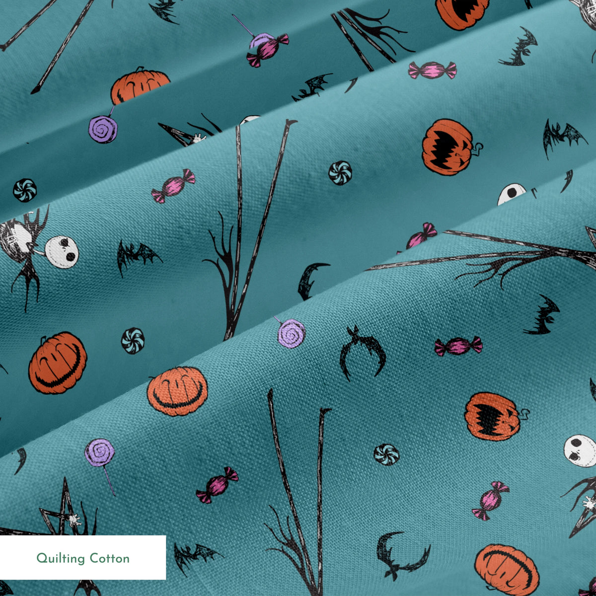 Halloween pattern with witch brooms, pumpkins, bats, candy, and creepy eyes on teal background springs quiltingcotton texture
