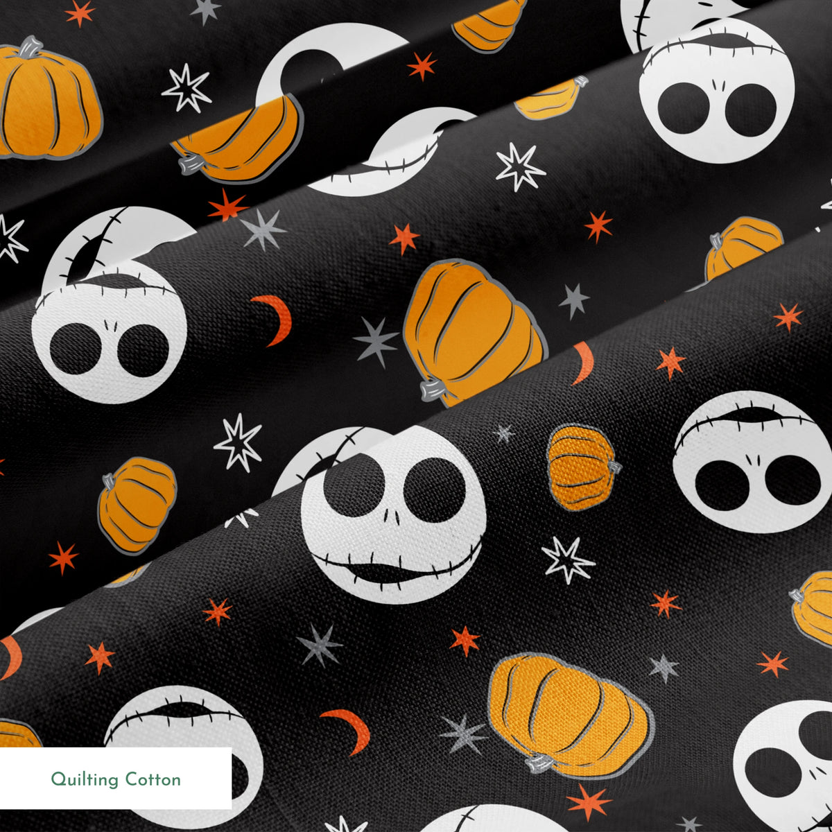 Halloween pattern with Nightmare Before Christmas characters, orange pumpkins, stars and crescent moons on black background springs quiltingcotton texture