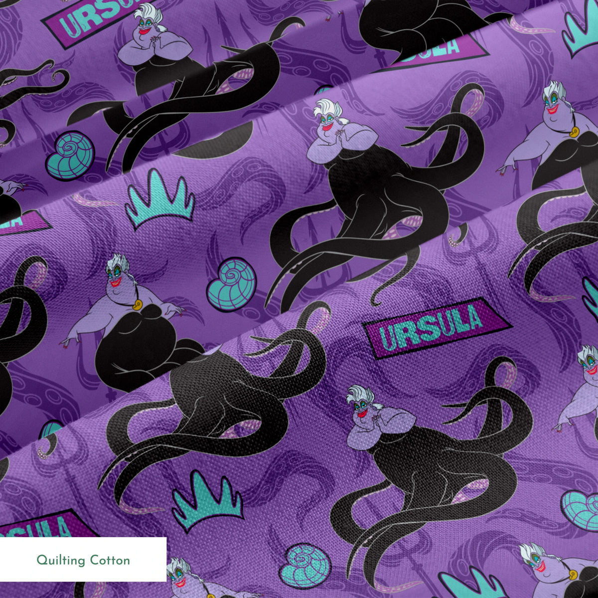 Purple background with Ursula silhouettes, tentacles, turquoise crowns, and name plates in repeating pattern springs quiltingcotton texture