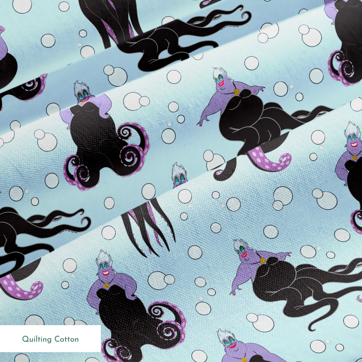 Ursula with black tentacles swimming in a light blue underwater scene with white bubbles springs quiltingcotton texture