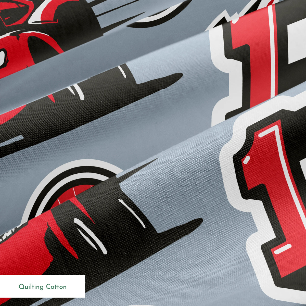 Racing pattern with red cars, checkered flags, speedometers, and racing emblems on gray background springs quiltingcotton texture