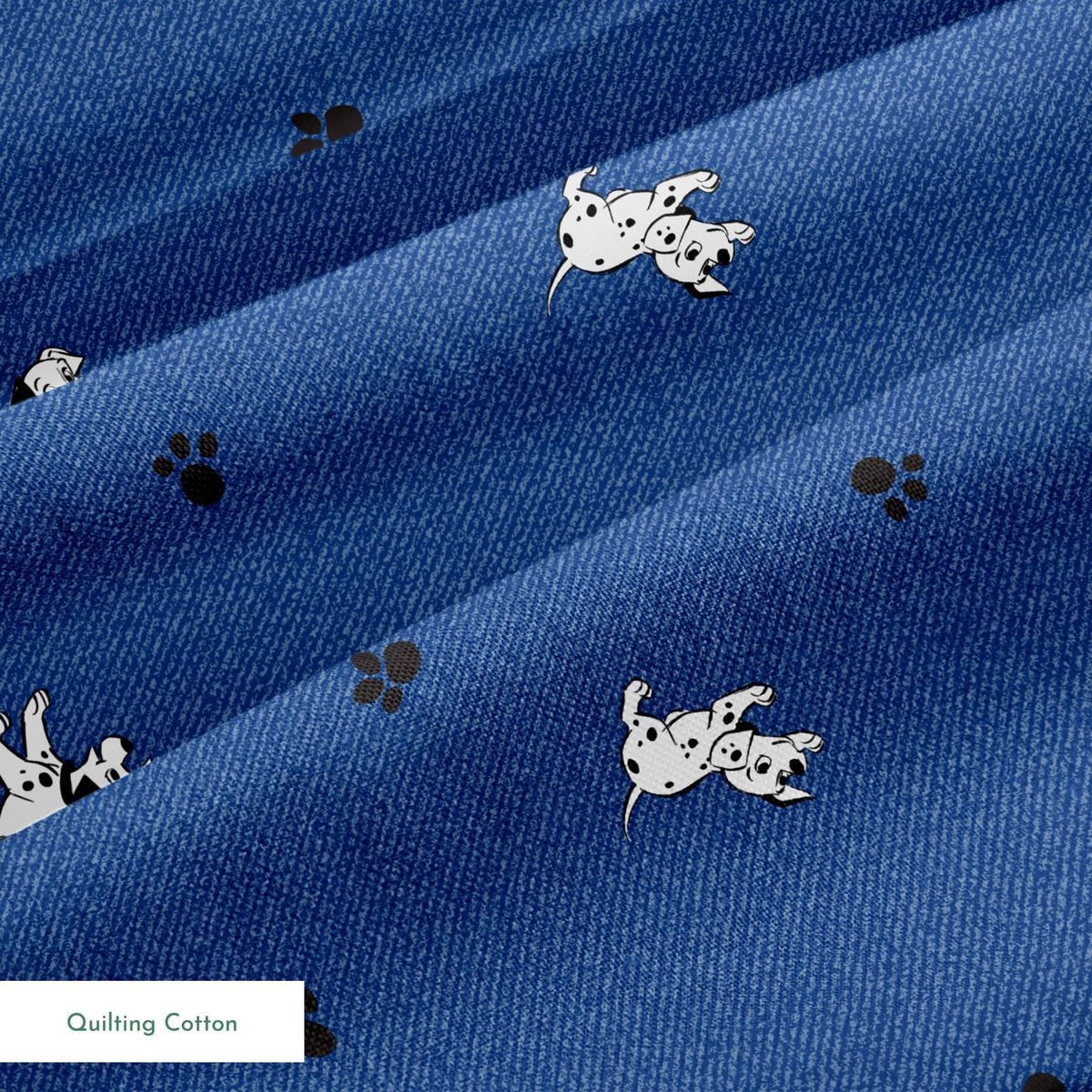 Blue background with small white cartoon-style space astronauts and black paw prints scattered across the pattern springs quiltingcotton texture