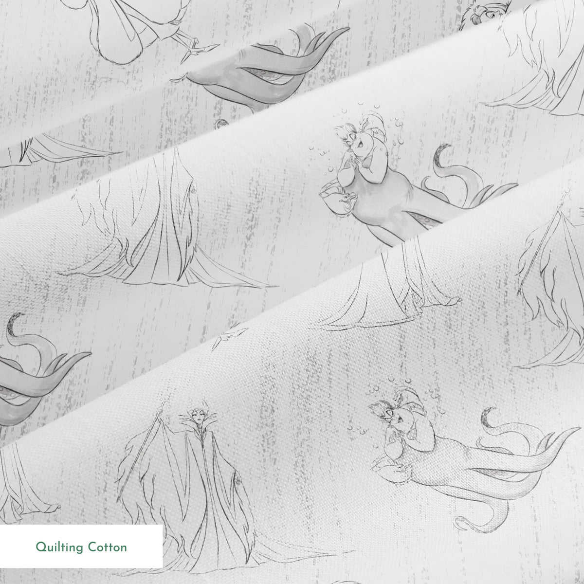 Sketched Disney villains scattered across a textured diagonal background in grayscale springs quiltingcotton texture