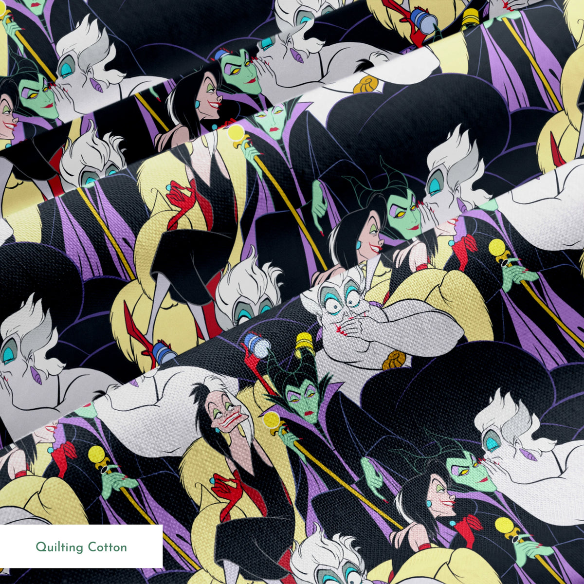 Colorful pattern of Disney villains including Ursula, Maleficent, and Cruella de Vil on dark background springs quiltingcotton texture