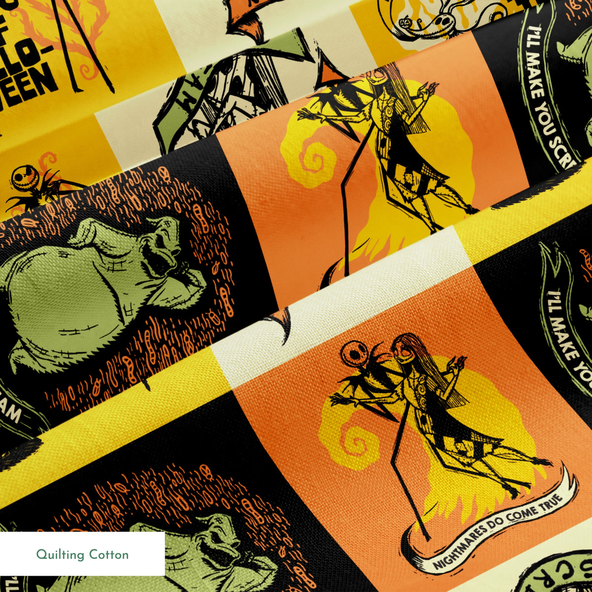 Four stylized Nightmare Before Christmas illustrations in a grid with yellow, green, and orange backgrounds featuring  a haunted house and gothic imagery. springs quiltingcotton texture