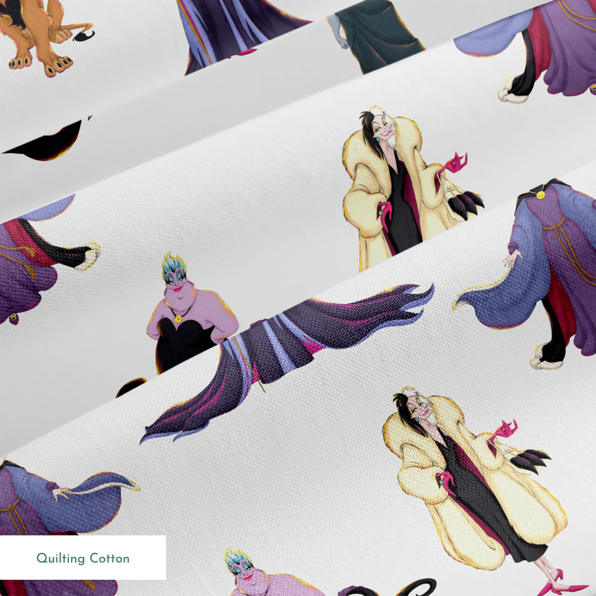 Disney villains pattern with Evil Queen, Scar, Maleficent, Ursula, and Cruella on white background springs quiltingcotton texture