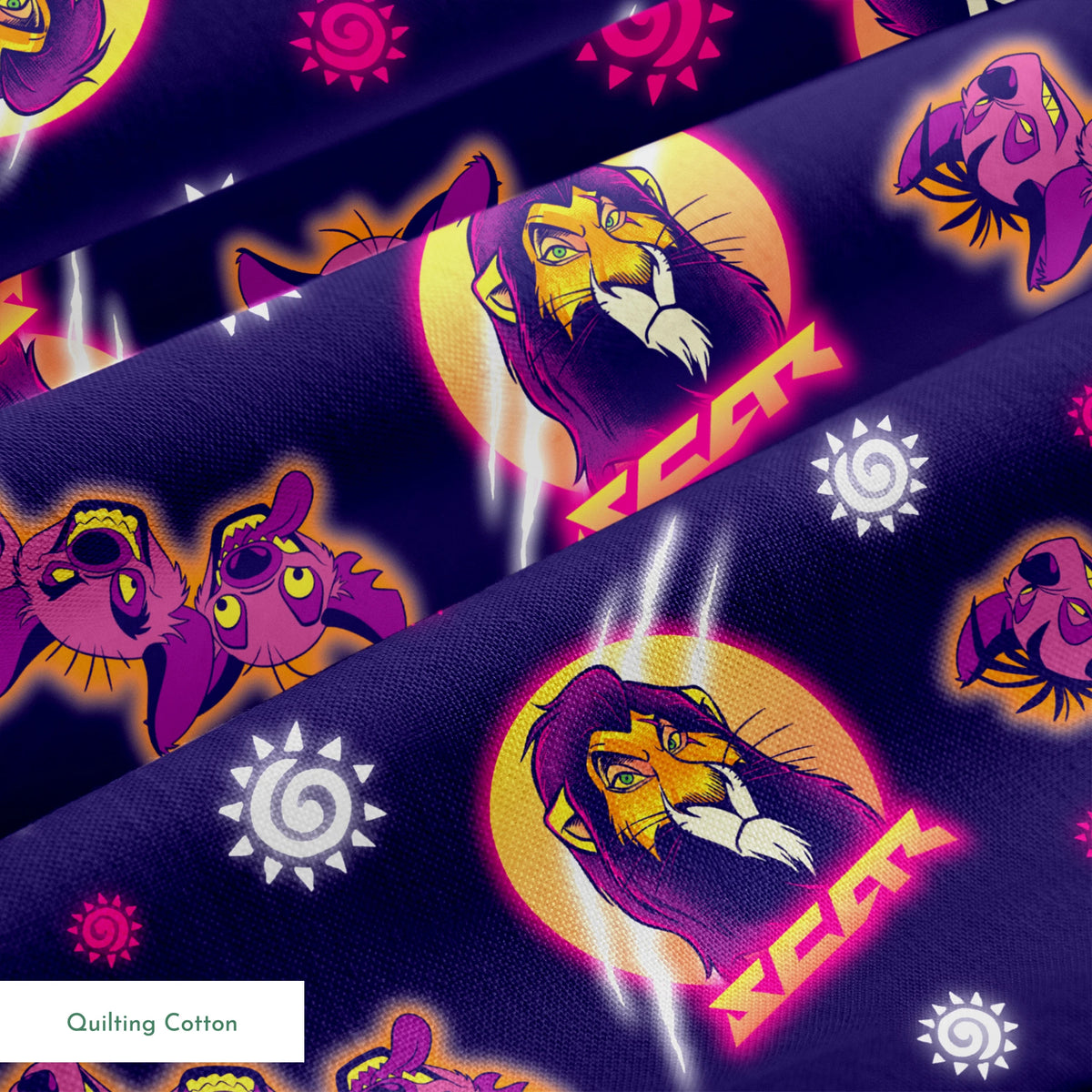 Lion and hyena characters pattern with suns on purple background, Disney's Lion King inspired design springs quiltingcotton texture