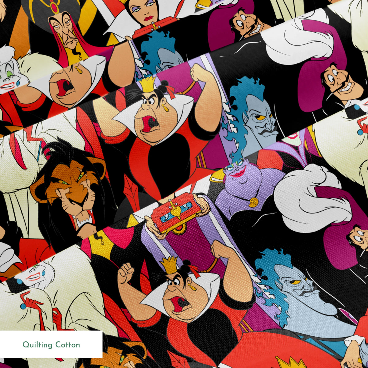 Disney villains collage featuring colorful animated characters with distinct evil expressions and iconic costumes. springs quiltingcotton texture